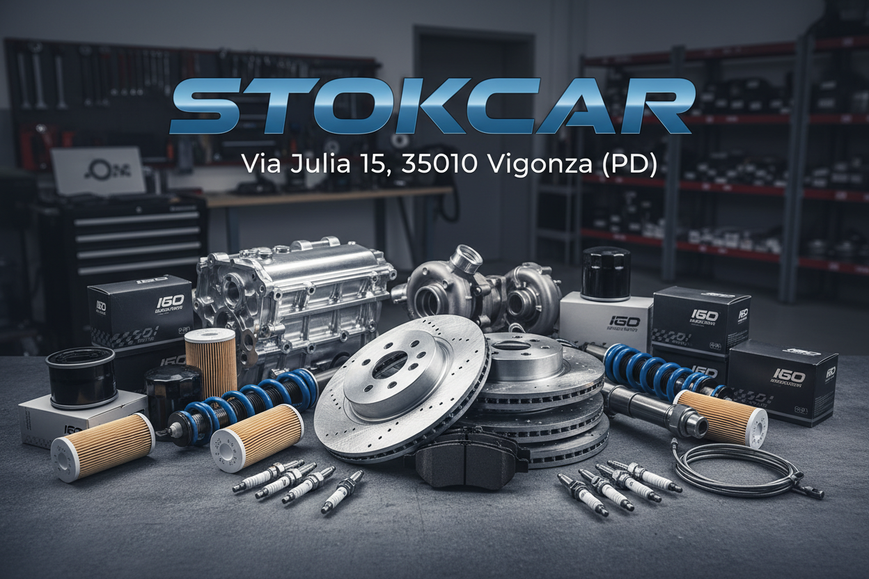 ciao voglio che mi generi un immagine che contenga ricambi per auto e un titolo con scritto stokcar e sotto riporti l'indirizzo: Via Julia 15, 35010 Vigonza (PD).